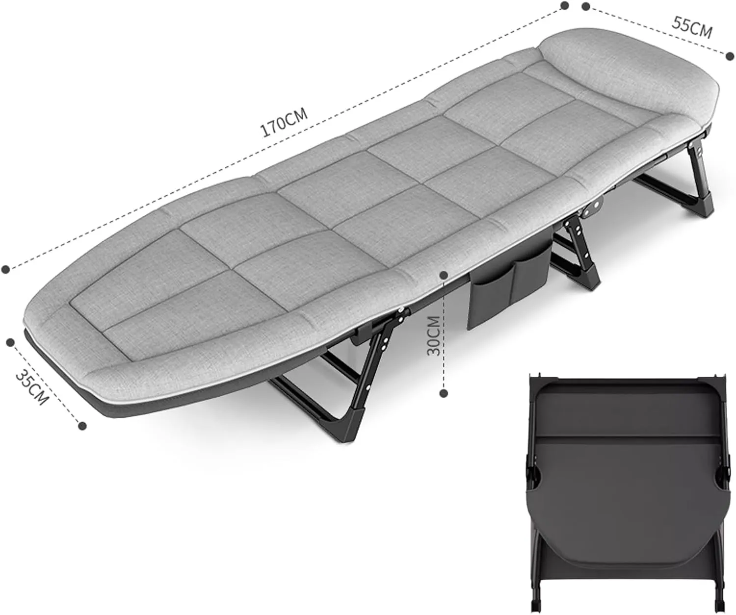 Portable Folding Bed for Lunch Break, Camping Cot Single Person Simple Guest Bed, Rollaway Cot with 5-Speed Adjustable Backrest and Memory Pillow for Home, Office, Patio(Gray,170 * 55 * 30cm)