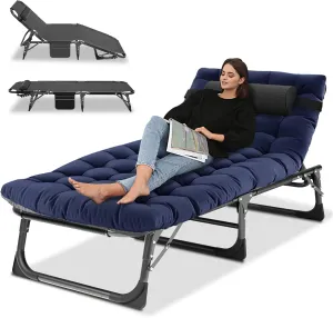 Portable Folding Camping Cot, Adjustable 4-Position Adults Reclining Chaise with Pillow, Outdoor Lounge Chair Sleeping Cots Bed, Perfect for Camping, Pool, Beach, Patio