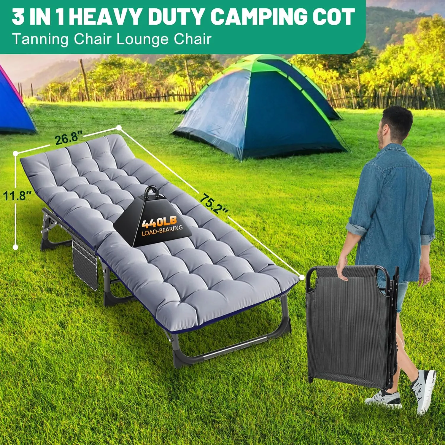 Portable Folding Camping Cot for Adults with Comfortable Mattress, Lightweight Camp Bed with Carry Bag for Outdoor Travel, Hiking, Beach, Sleep Anywhere