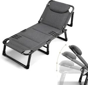 Portable Folding Camping Cot with Pillow, Triple Folding Bed, Heavy Duty Sleeping Cot with 4-Way Adjustable Backrest for Home, Office Nap Outdoor Travel