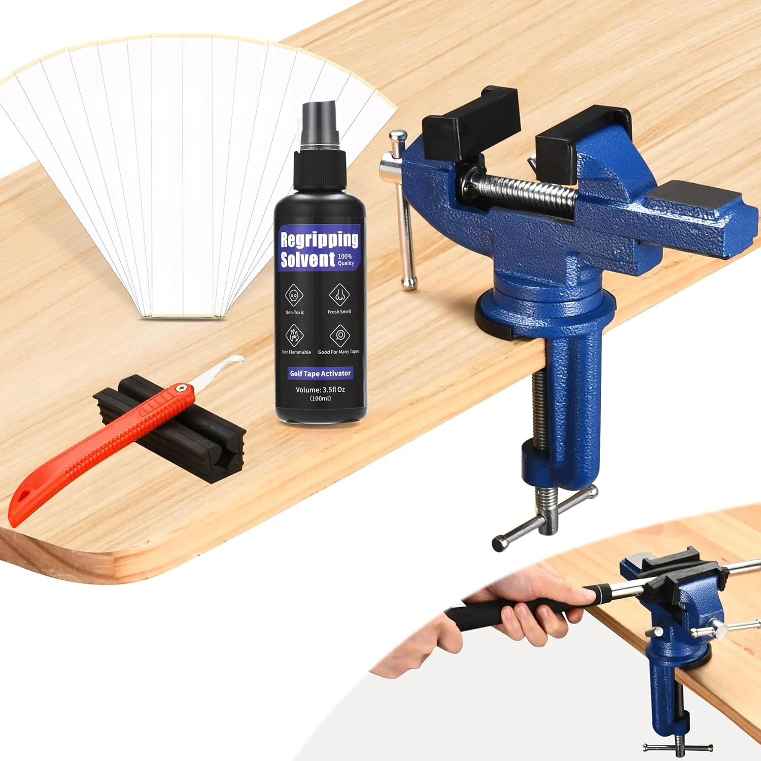 Portable Golf Grip Vise Clamp Kits for Regripping Golf Clubs - Inlcudes 360°Swivel Table Vise, 3.5 Oz Solvent, A Hook Knife,15 Tape Strips, Rubber Sleeve- Golf Grip Removal Tool For Home/Clubhouse