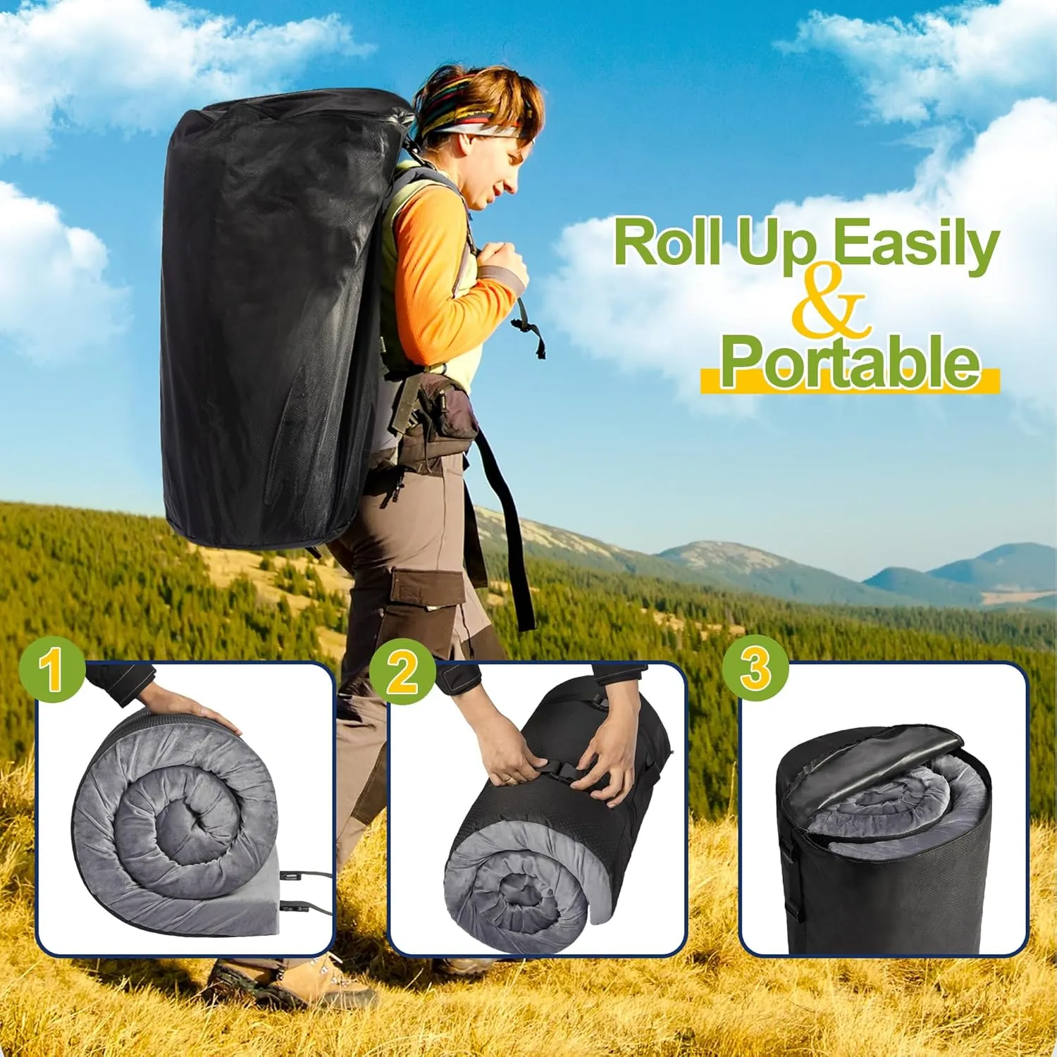 Portable Memory Foam Sleeping Pad - Roll Up Foldable Camping Mattress with Waterproof Cover - Lightweight Travel Bag