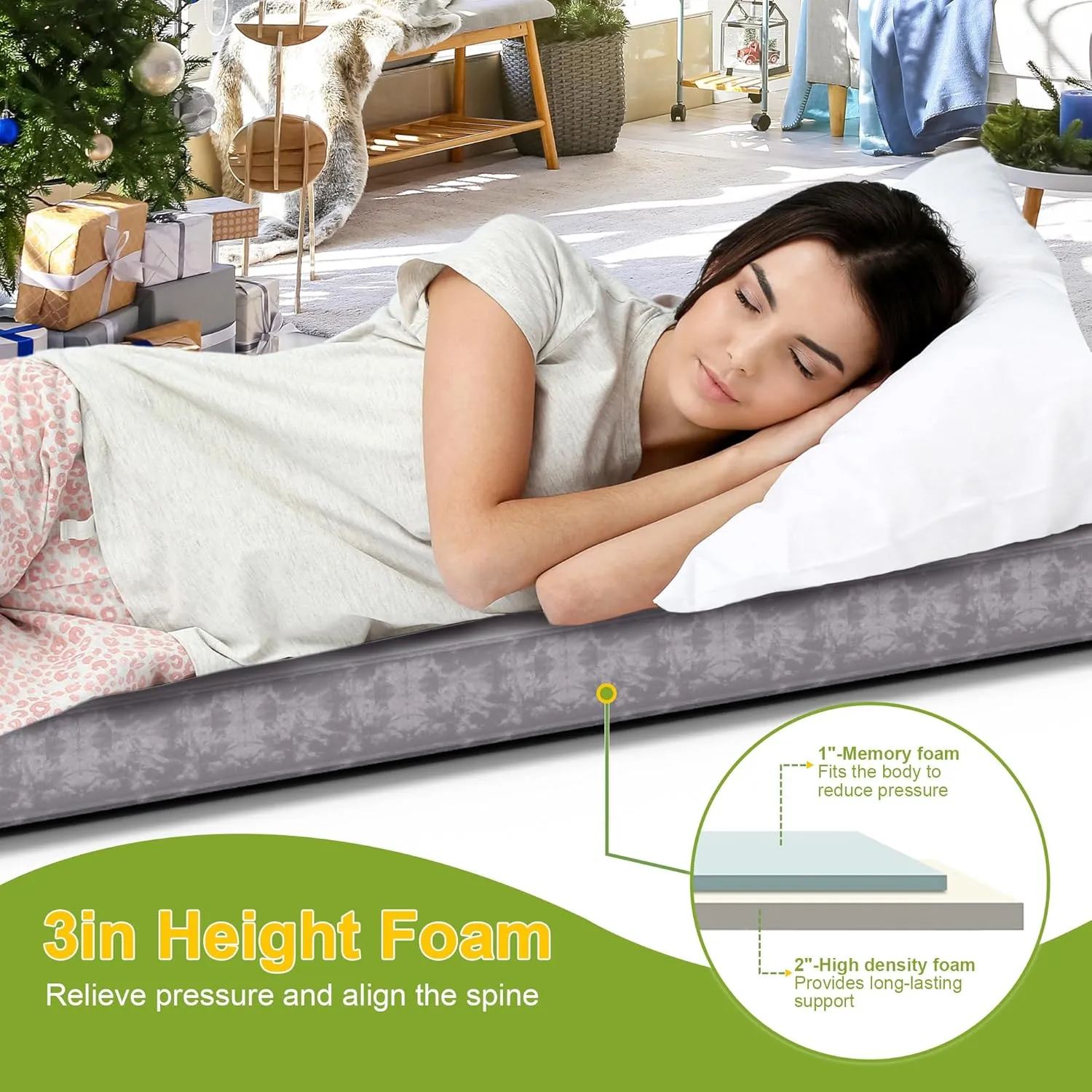 Portable Memory Foam Sleeping Pad - Roll Up Foldable Camping Mattress with Waterproof Cover - Lightweight Travel Bag