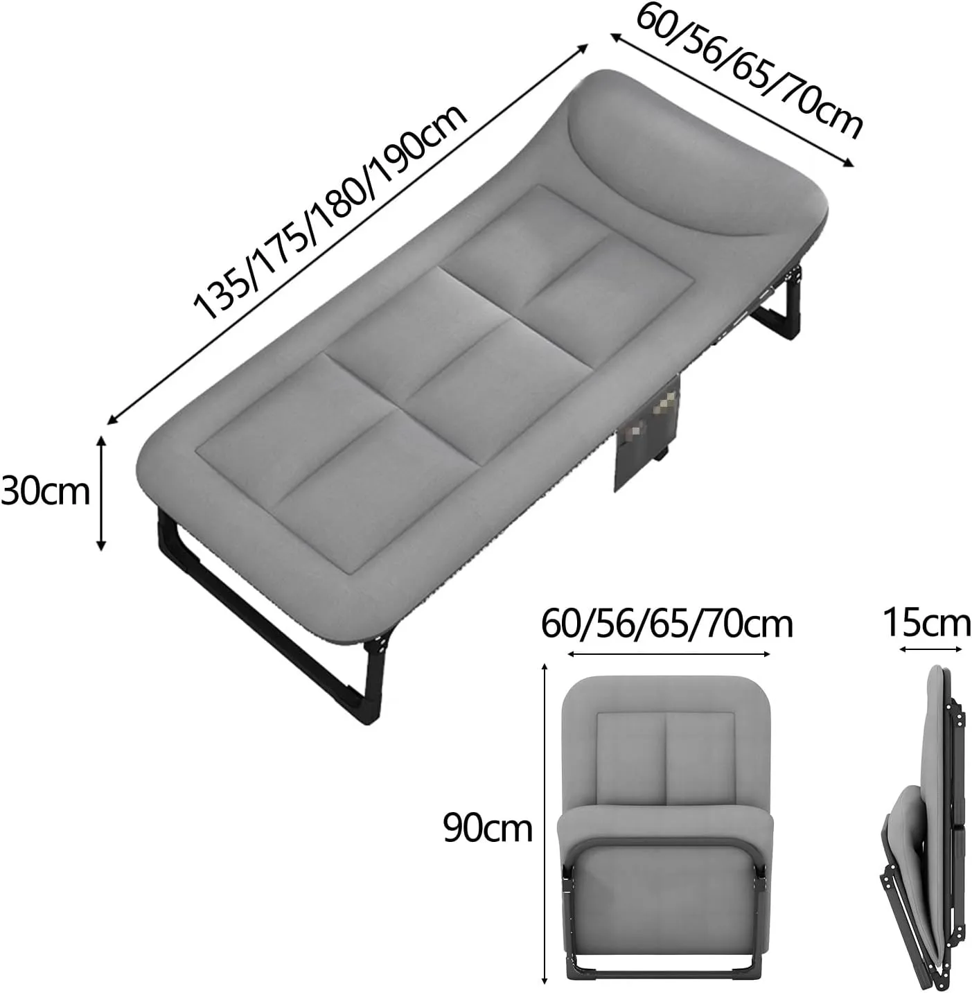 Portable Rollaway Bed with Mattress Six Adjustable Backrests Folding Camping Cot for Adults with 6 Legs and High Resilience Foam Perfect for Camping(Gray B,190 * 70 * 30cm)