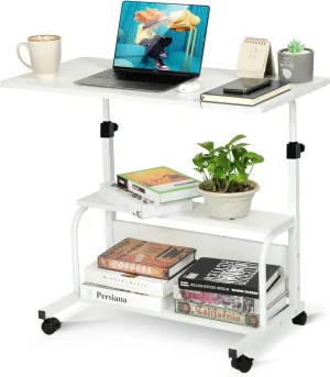 Portable Rolling Desk on Wheels Small Standing Desk Adjustable Height Desks with Wheels for Small Spaces, 32" Computer Desks with Storage Shelves for Home Office Study White