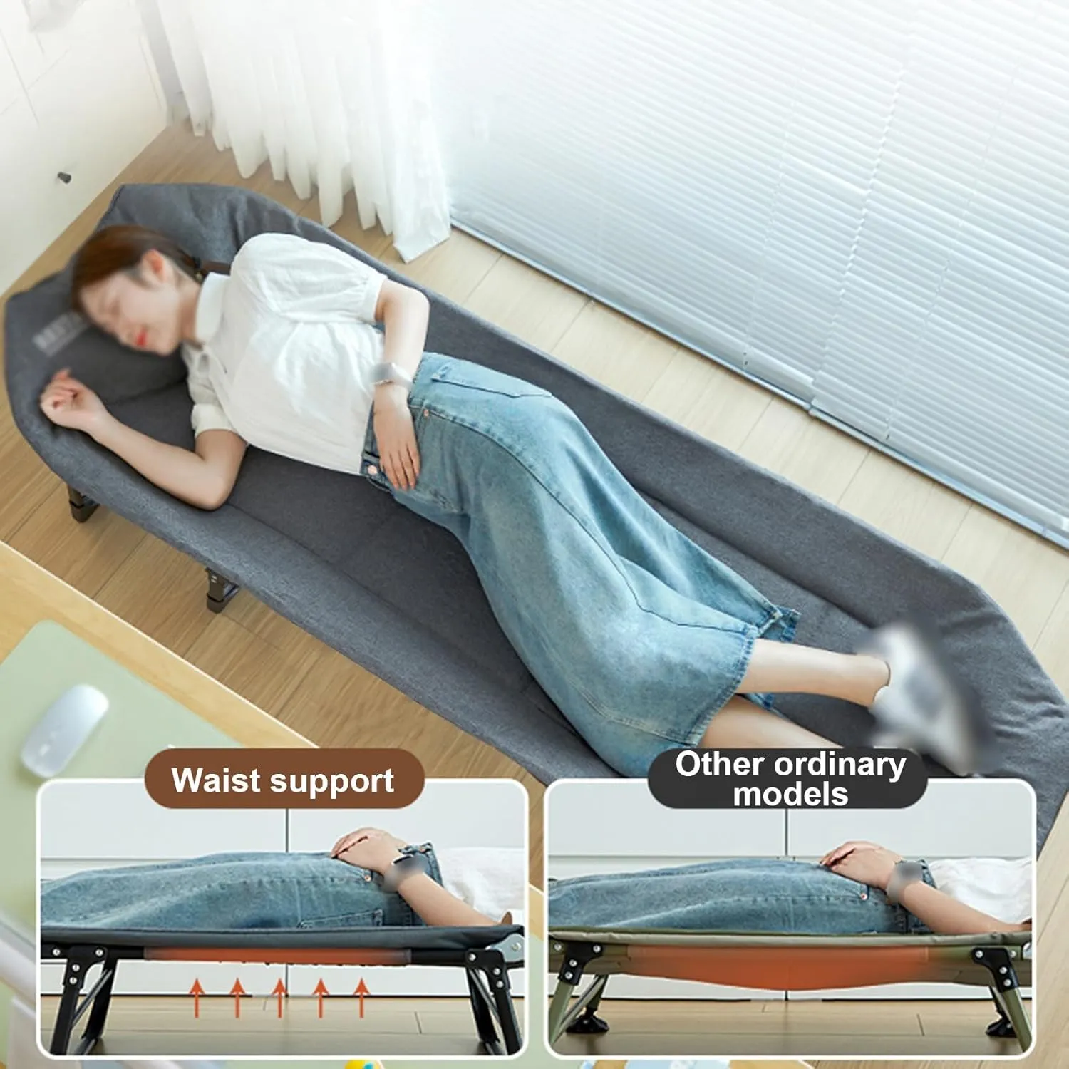 Portable Sleeping Cots for Adults with Mattress Folding Camping Cots with 6-Position Adjustable Backrest, for Camping, Beach, Travel, Home Office Lunch Break(180x65x30cm)