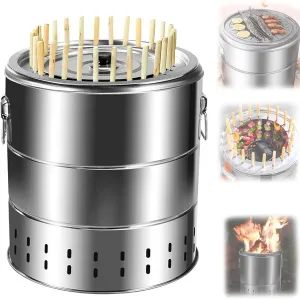 Portable Smokeless Charcoal Barrel BBQ Grill, Stainless Steel Kebab Grill with 28 Skewers, Indoor/Outdoor Camping BBQ, Smokeless Easy to Clean