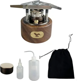 Portable Spirit Burner Stove Set with Storage Bag, Brown Wood Base, Includes Bottles and Accessories.Trekking, Fishing, Hunting Trips and Emergency Use (220ML)