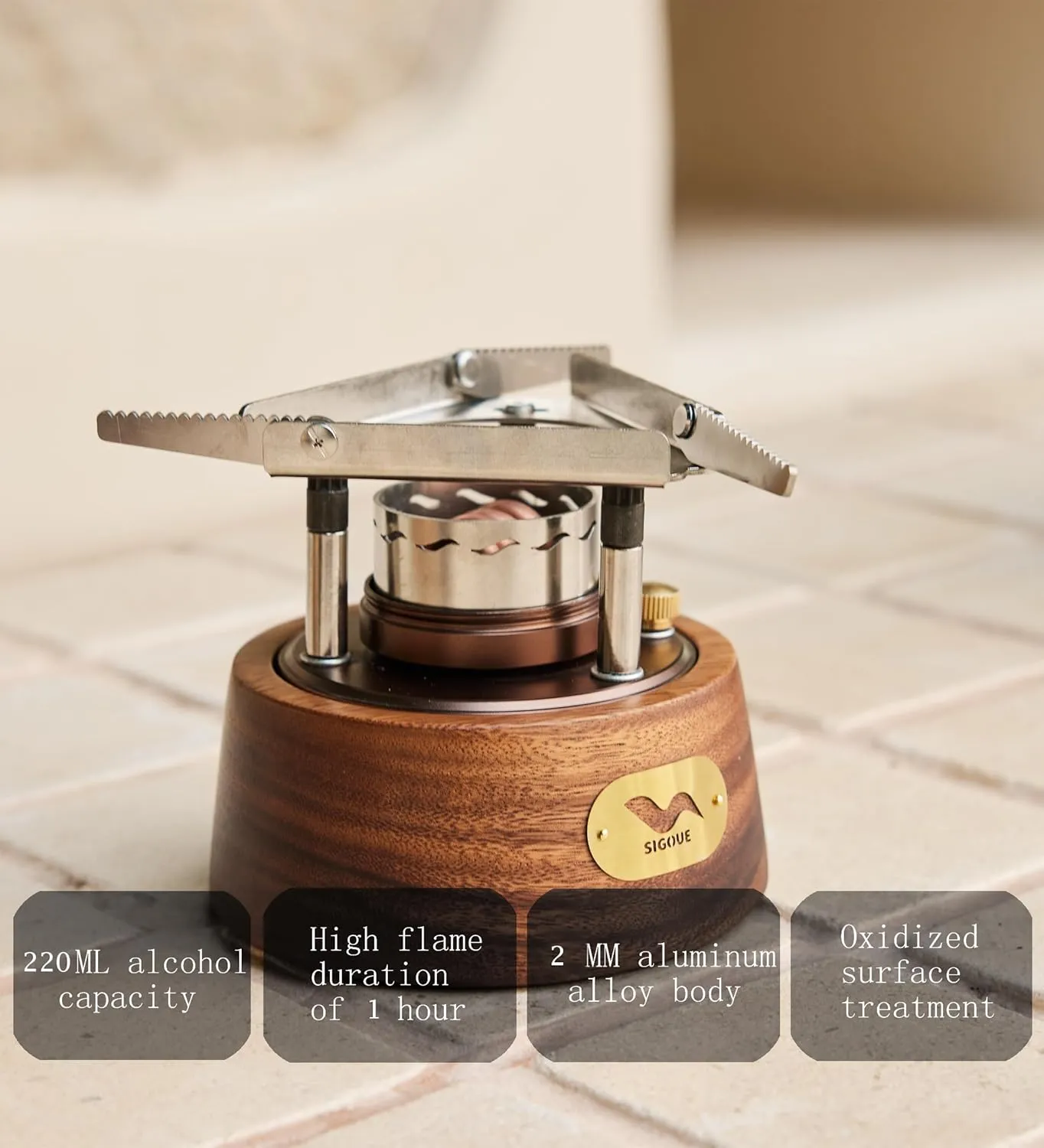 Portable Spirit Burner Stove Set with Storage Bag, Brown Wood Base, Includes Bottles and Accessories.Trekking, Fishing, Hunting Trips and Emergency Use (220ML)