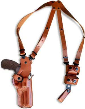 Premium Leather Vertical Shoulder Holster System with Double Speed Loader, Colt Python 357 Magnum Revolver 4.25" BBL, Right Hand Draw, Brown Color #1304#