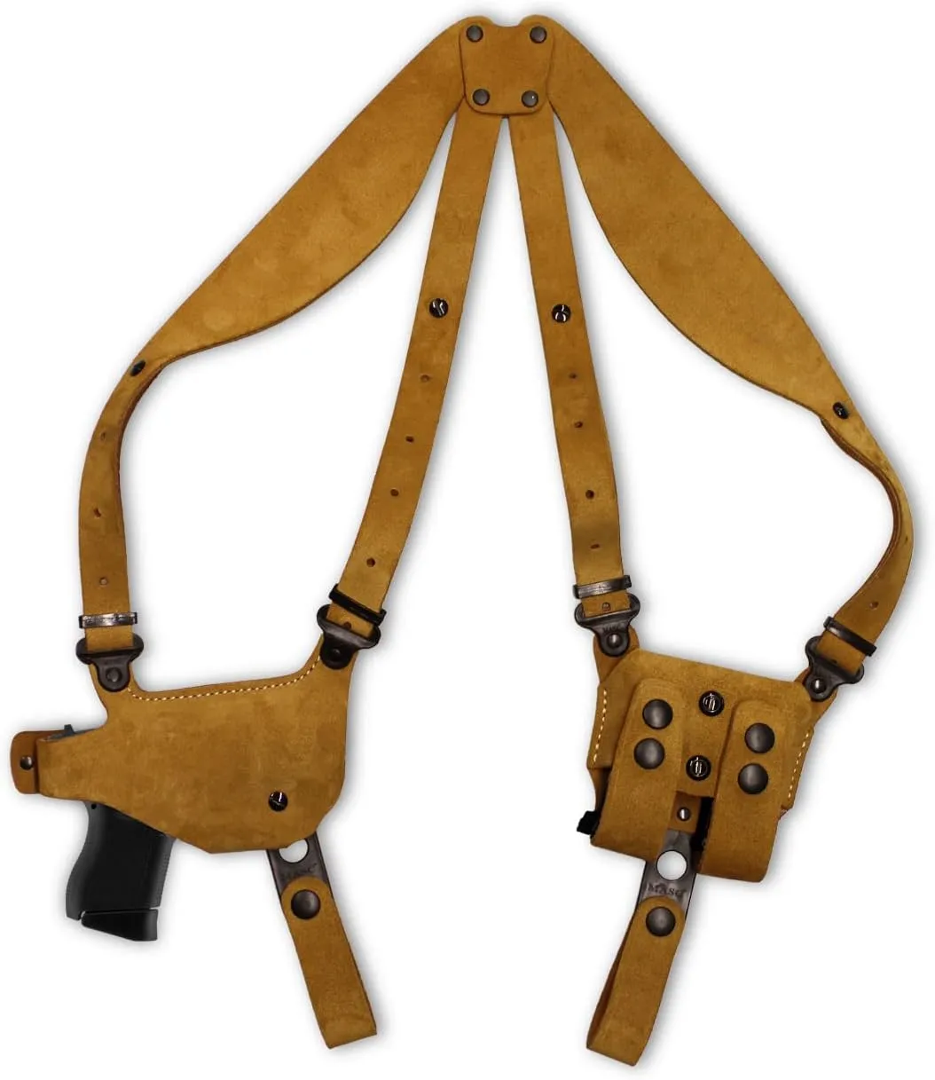 Premium Suede Leather Shoulder Holster System with Double Magazine Carrier Fits Springfieldd Hellcat 9mm 3’’ BBL, Right-Hand Draw, Brown Color #1524