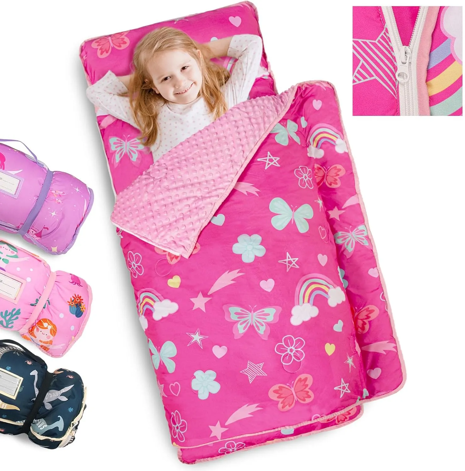 Primlect Toddler Nap Mat Extra Large Thickened 55''x35'', Soft Sleeping Bag with Detachable Minky Blanket and Pillow, Portable for Daycare, Preschool, Kindergarten, Travel, Boys and Girls