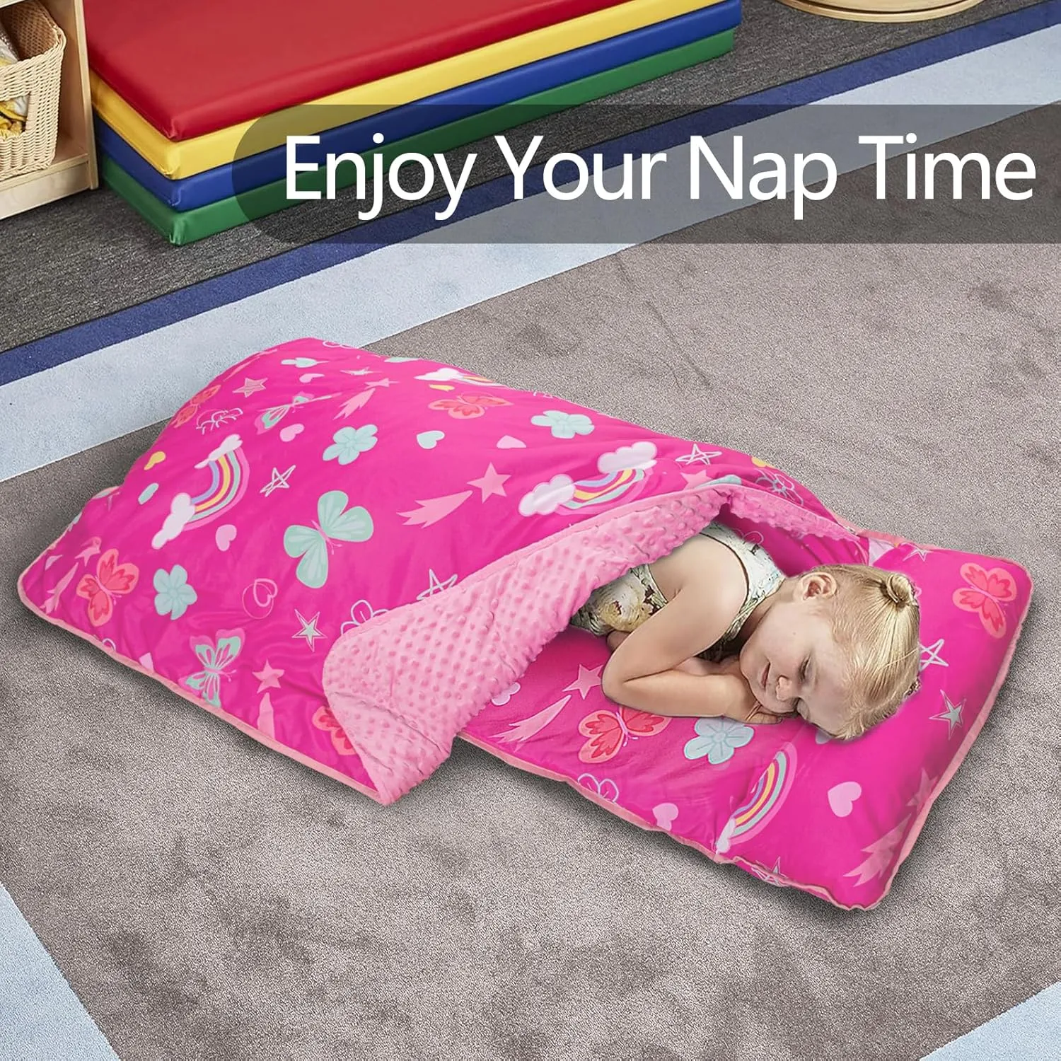 Primlect Toddler Nap Mat Extra Large Thickened 55''x35'', Soft Sleeping Bag with Detachable Minky Blanket and Pillow, Portable for Daycare, Preschool, Kindergarten, Travel, Boys and Girls