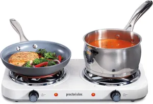 Proctor Silex Electric Stove, Double Burner Cooktop, Compact and Portable, Adjustable Temperature Double Hot Plate, 1700 Watts, White & Stainless (34116)