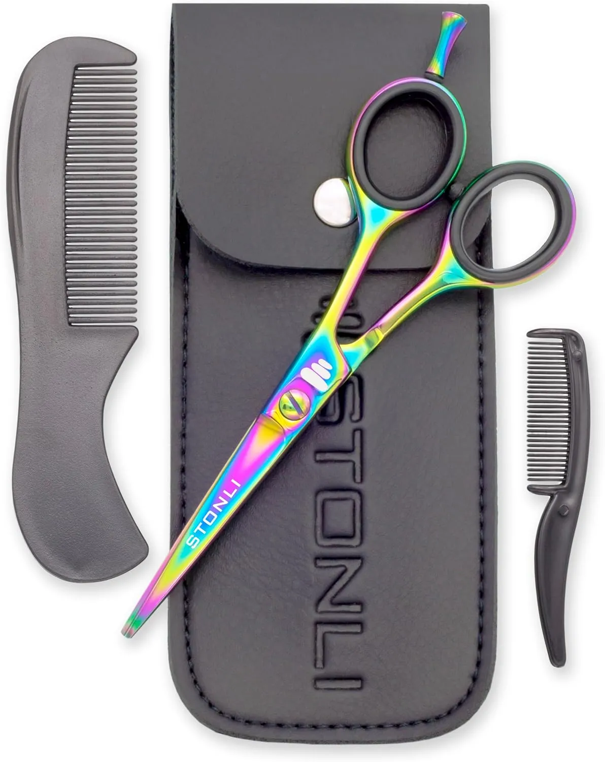 Professional 5'' Beard & Mustache Grooming Kit for Men – Precision Beard Scissors, Mustache Scissors, Moustache Comb, Beard Trimming Scissors, Mustache Care Set with Leather Case (Iridescent)