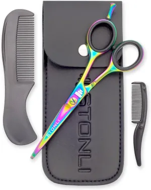 Professional 5'' Beard & Mustache Grooming Kit for Men – Precision Beard Scissors, Mustache Scissors, Moustache Comb, Beard Trimming Scissors, Mustache Care Set with Leather Case (Iridescent)