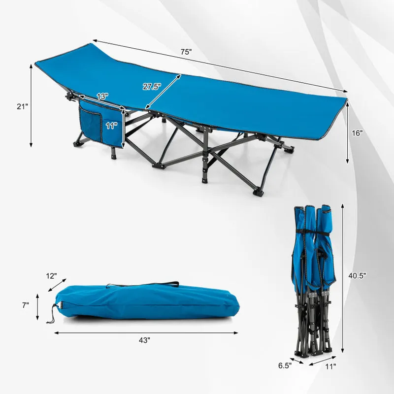 Professional title: "Portable Folding Camping Cot in Blue with Carry Bag"