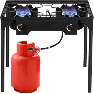 Propane 2 Burner Camp Stove for Outdoor Cooking, 150,000 BTU High Pressure Outdoor Camping Burner with Removable Legs, 0-20 PSI Adjustable Regulator and Steel Braided Hose,150000btu