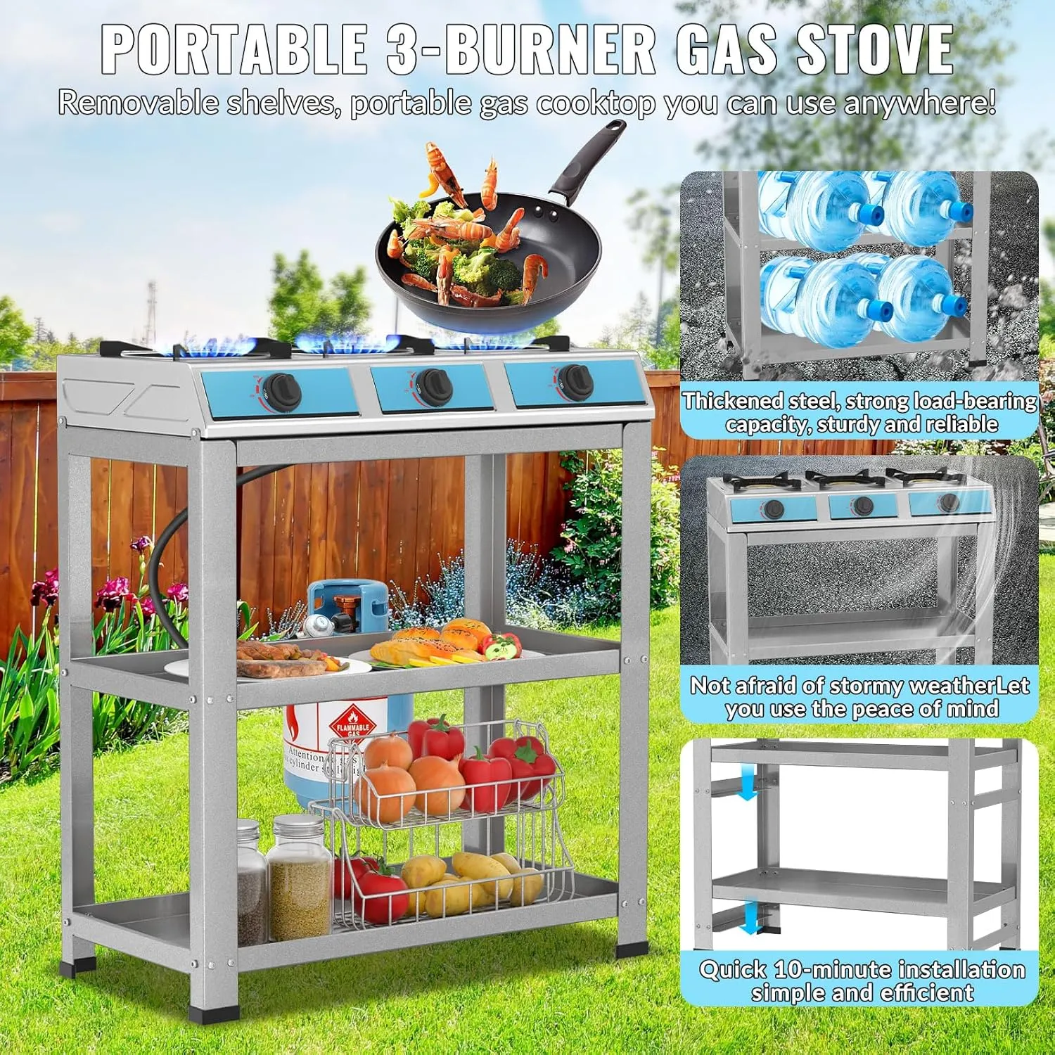 Propane Gas Stove-40000BTU Portable Gas Stove, with Removable Leg,Auto Ignition Camping Stove,3 Burner Propane Burner for RV, Apartment, Outdoor
