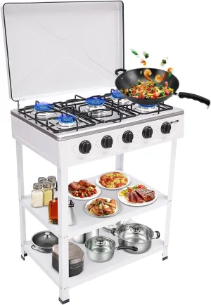 Propane Stove with 5 Burners Portable 2 Tier Storage Rack and Wind Blocking Cover Manual Ignition for Camping Picnic RV Cooking Outdoor Natural Grill (White)