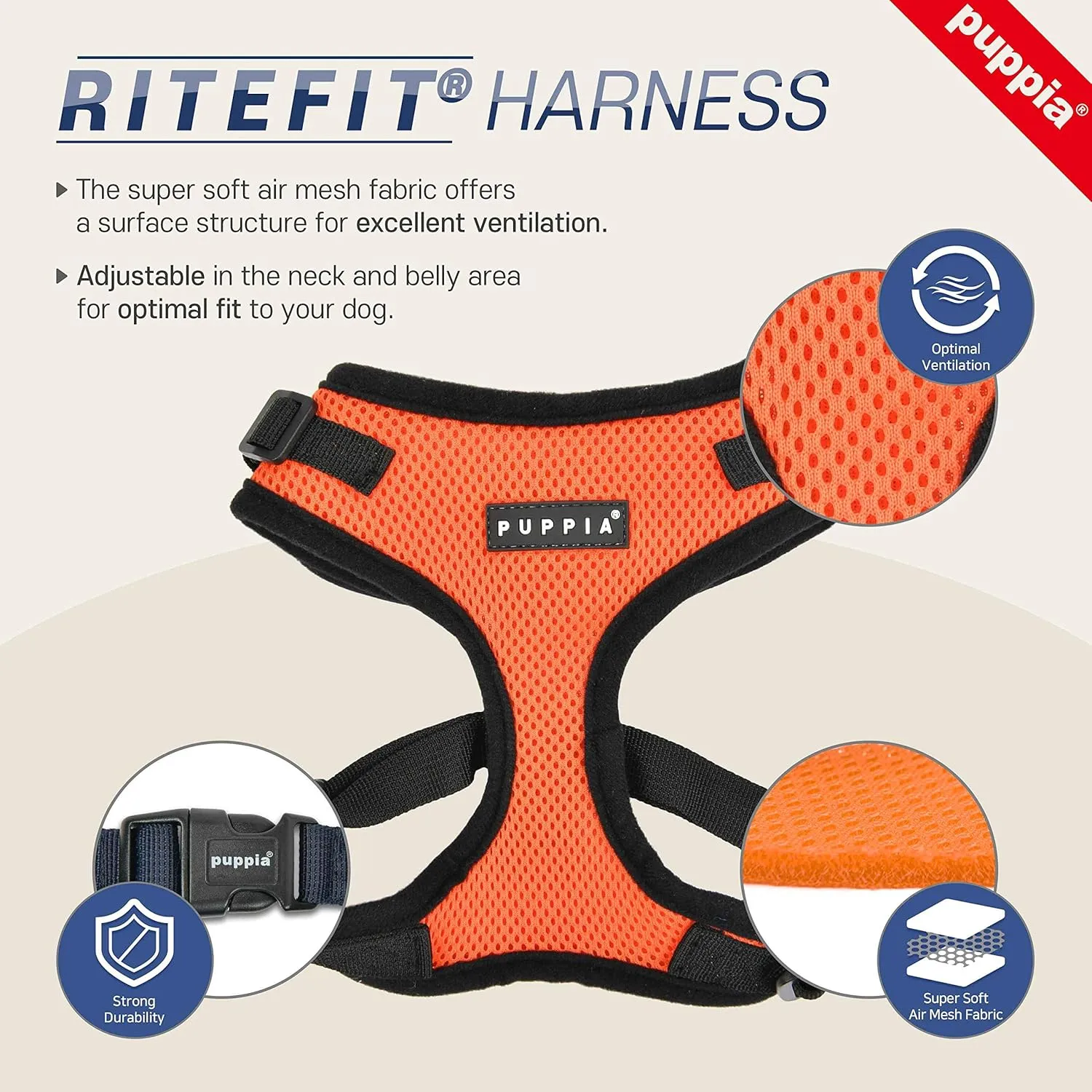 Puppia Authentic RiteFit Harness with Adjustable Neck ORANGE, Medium