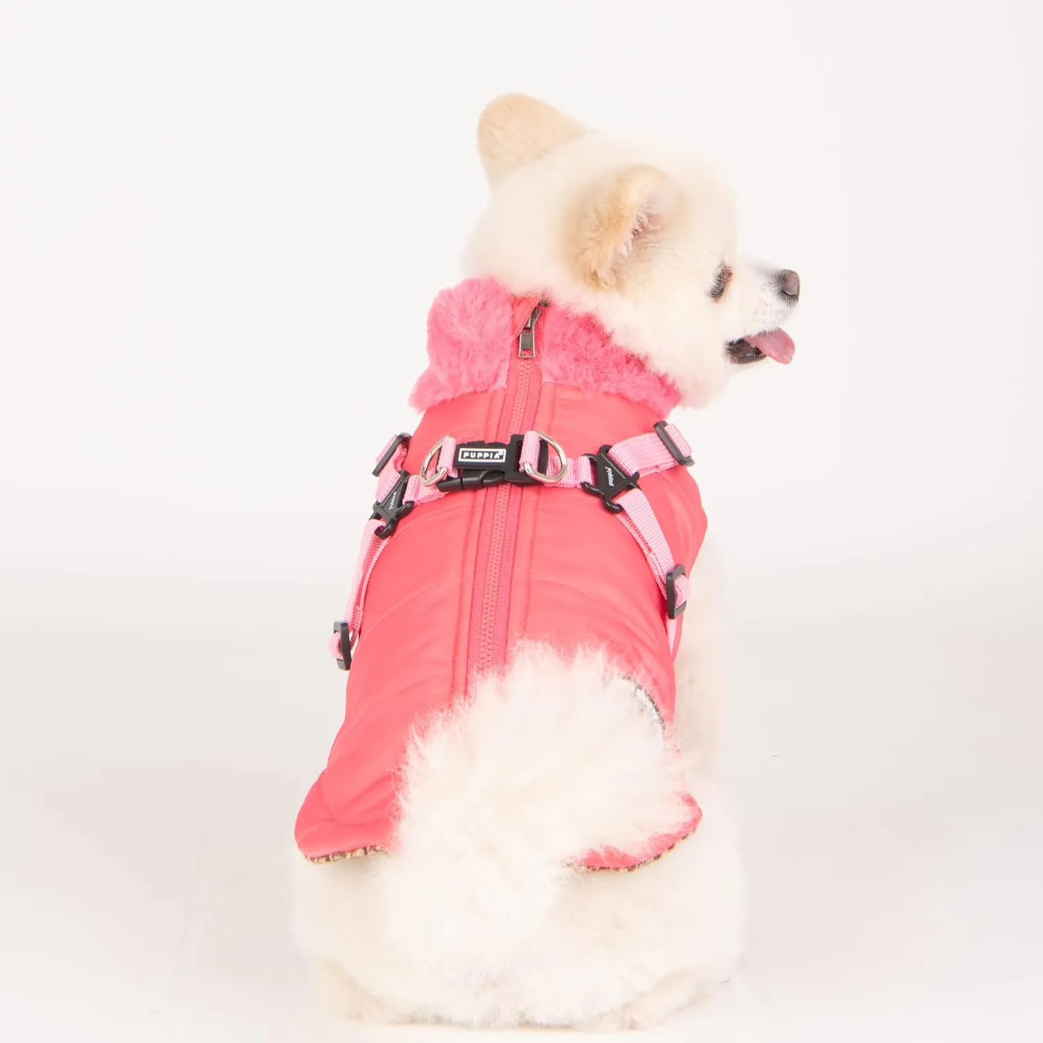 Puppia Donavan Winter Dog Coat with Integrated Harness No Pull Cold Weather Waterproof Warm Fleece Back Zipper for Small & Medium Dog, Pink, Large