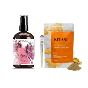 Pure Rose Water 50 ml And Natural Turmeric Facial Wax Powder, 100g, Natural & Steam Distilled Gulab Jal, Hair Removal Combo