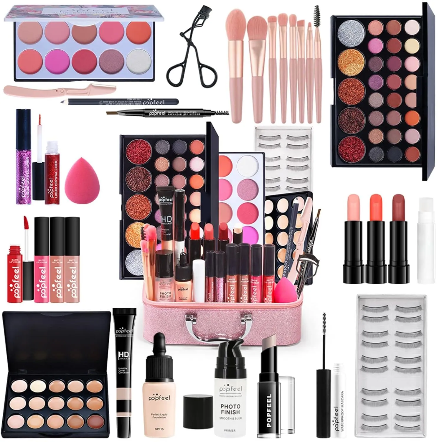 Pure Vie All-in-One Holiday Gift Surprise Makeup Set Essential Starter Bundle Include Eyeshadow Palette Lipstick Concealer Blush Mascara Eyeliner Face Powder Lipgloss Brush - Full Makeup Kit for Women