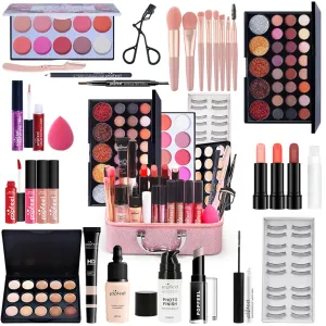 Pure Vie All-in-One Holiday Gift Surprise Makeup Set Essential Starter Bundle Include Eyeshadow Palette Lipstick Concealer Blush Mascara Eyeliner Face Powder Lipgloss Brush - Full Makeup Kit for Women