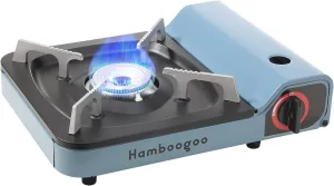 "Portable Dual Fuel Camp Stove - Butane/Propane Compatible, Includes Carrying Case, Adapter Hose, Wind Guard, and Storage Bag - Ideal for Outdoor Camping"