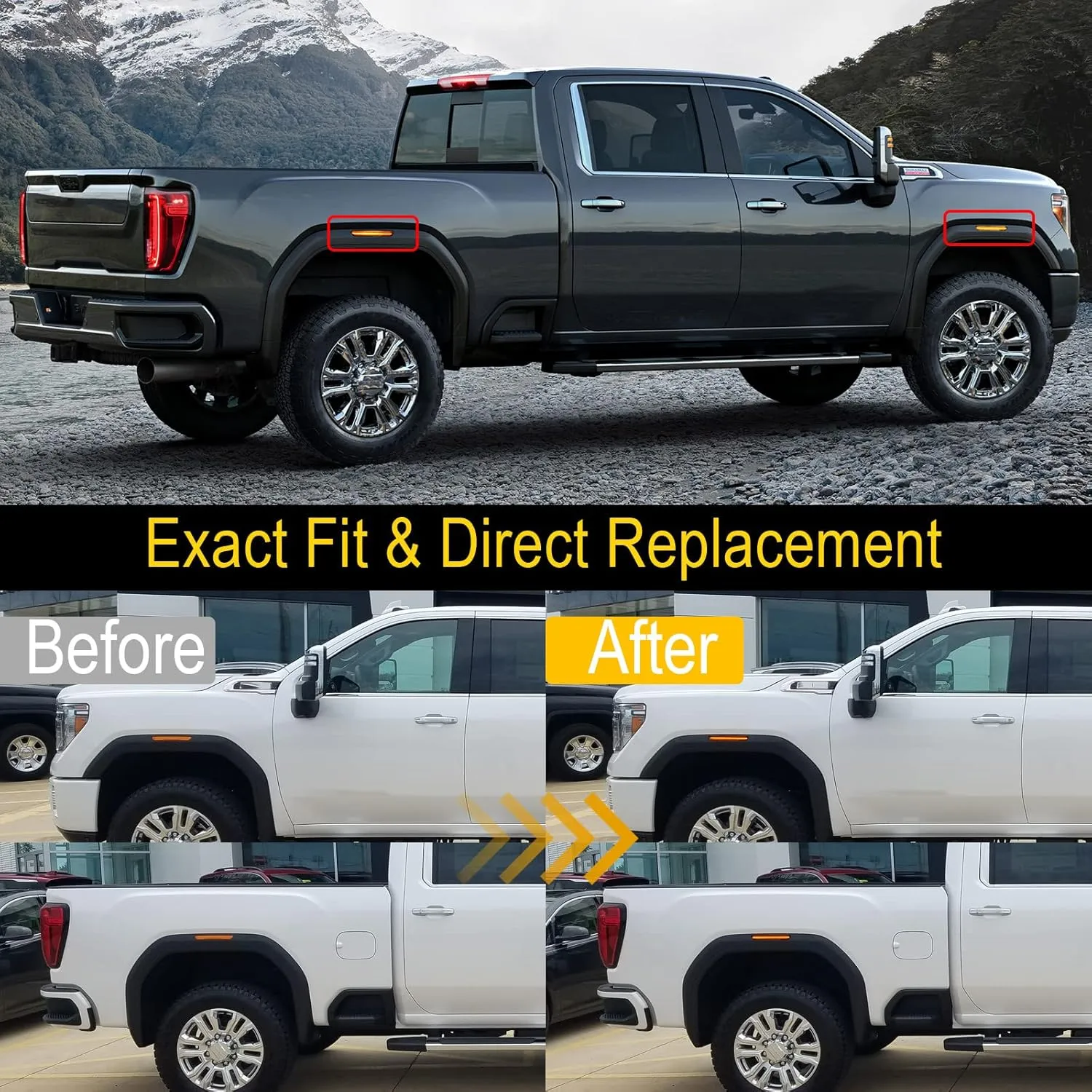 R&F Auto 4PCS Amber Smoked Lens LED Side Marker Lights Replacement for Sierra 2500HD 3500HD 2020-2024 Pickup Truck Amber Front Rear Fender Side Markers Driver Passenger Sides Lamps