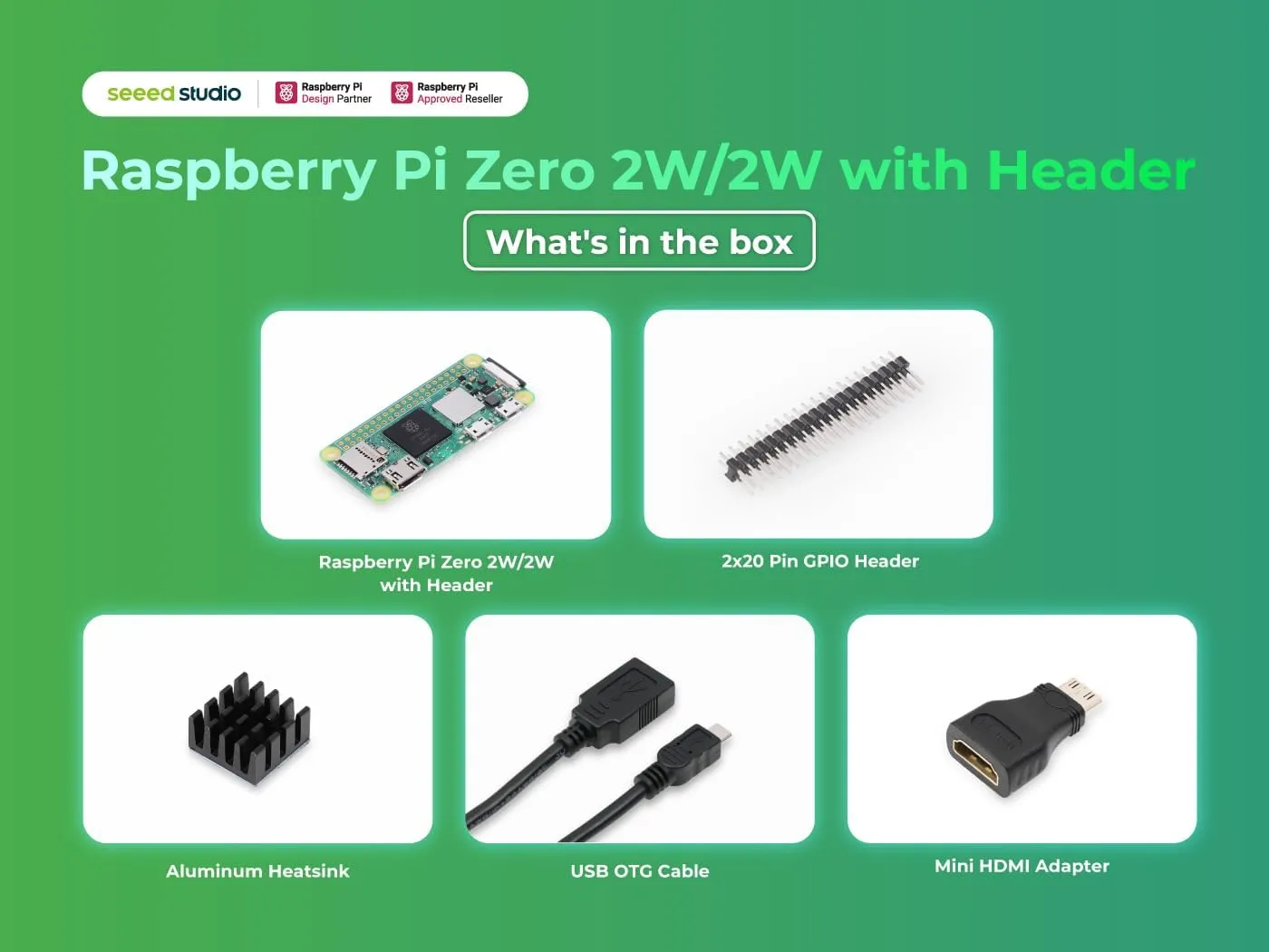 Raspberry Pi Zero 2 W Basic Kit, Header, Heatsink, USB Cable, HDMI Adapter (with Quad-core CPU,Bluetooth 4.2,BLE,onboard Antenna,etc.)