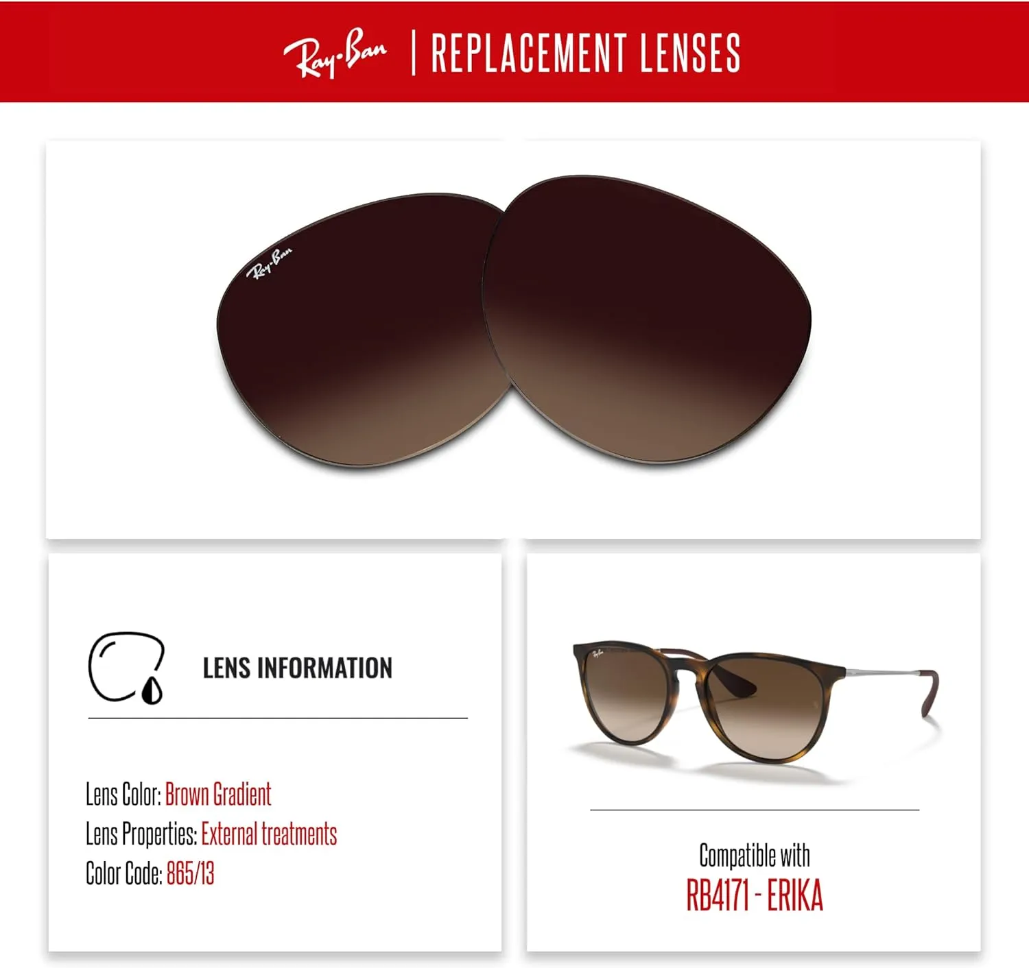 Ray-Ban Original RB4171 ERIKA Replacement Lenses For Women  BUNDLE with Designer iWear Eyewear Care Kit