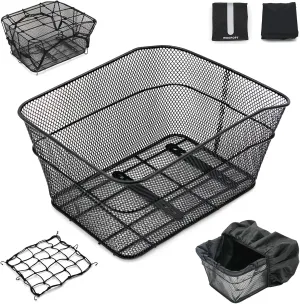 Rear Bike Basket, Bike Basket Rear with 2 Rainproof Covers and Cargo Net, Metal Bike Basket Rear with Reflective Waterproof Cover and Bicycle Rear Basket Lining,WOOFOPT Bike Rack Basket