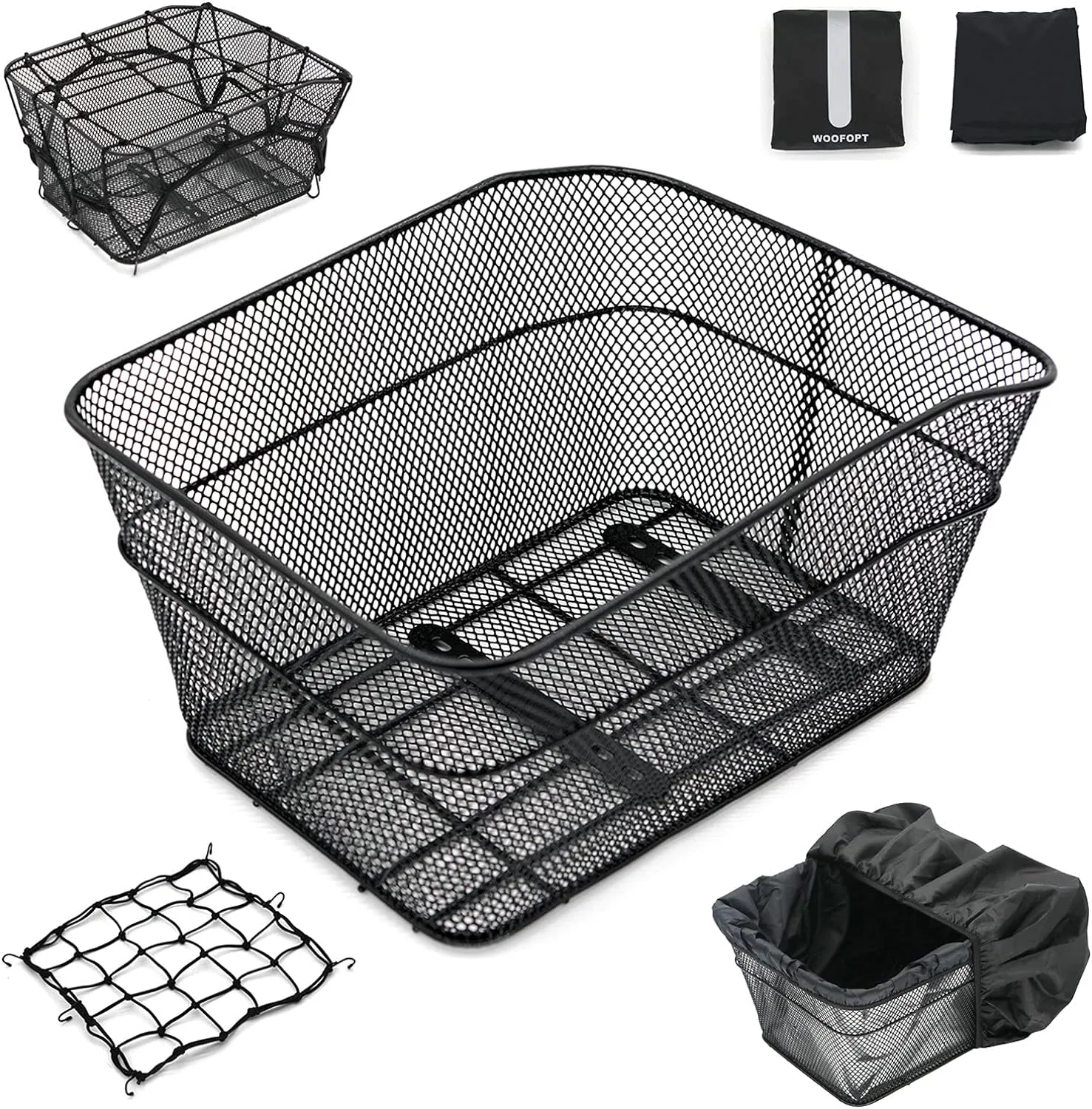 Rear Bike Basket, Bike Basket Rear with 2 Rainproof Covers and Cargo Net, Metal Bike Basket Rear with Reflective Waterproof Cover and Bicycle Rear Basket Lining,WOOFOPT Bike Rack Basket