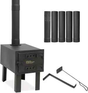 Red Mountain Valley Outdoor Camping Wood Stove, Portable Hot Wood Burning Tent stove with 5-Section Chimney and 2 Dual Rakes, small wood stove, ideal for hunting and camping