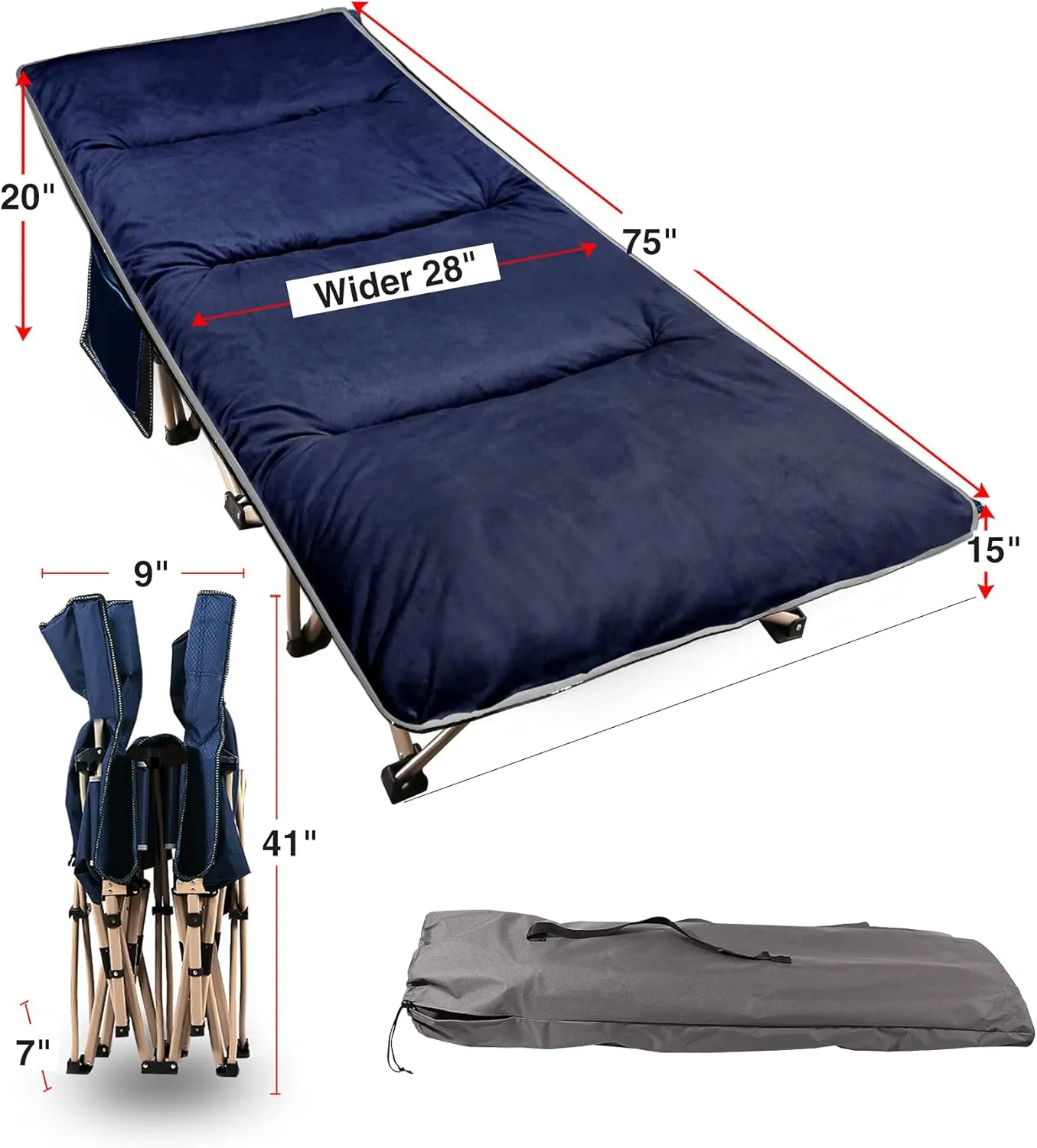 REDCAMP Folding Camping Cots for Adults with Mattress Pad, Soft and Comfortable for Outdoor Indoor Office Sleeping (Blue Pad, Blue Heavy Duty Cot)