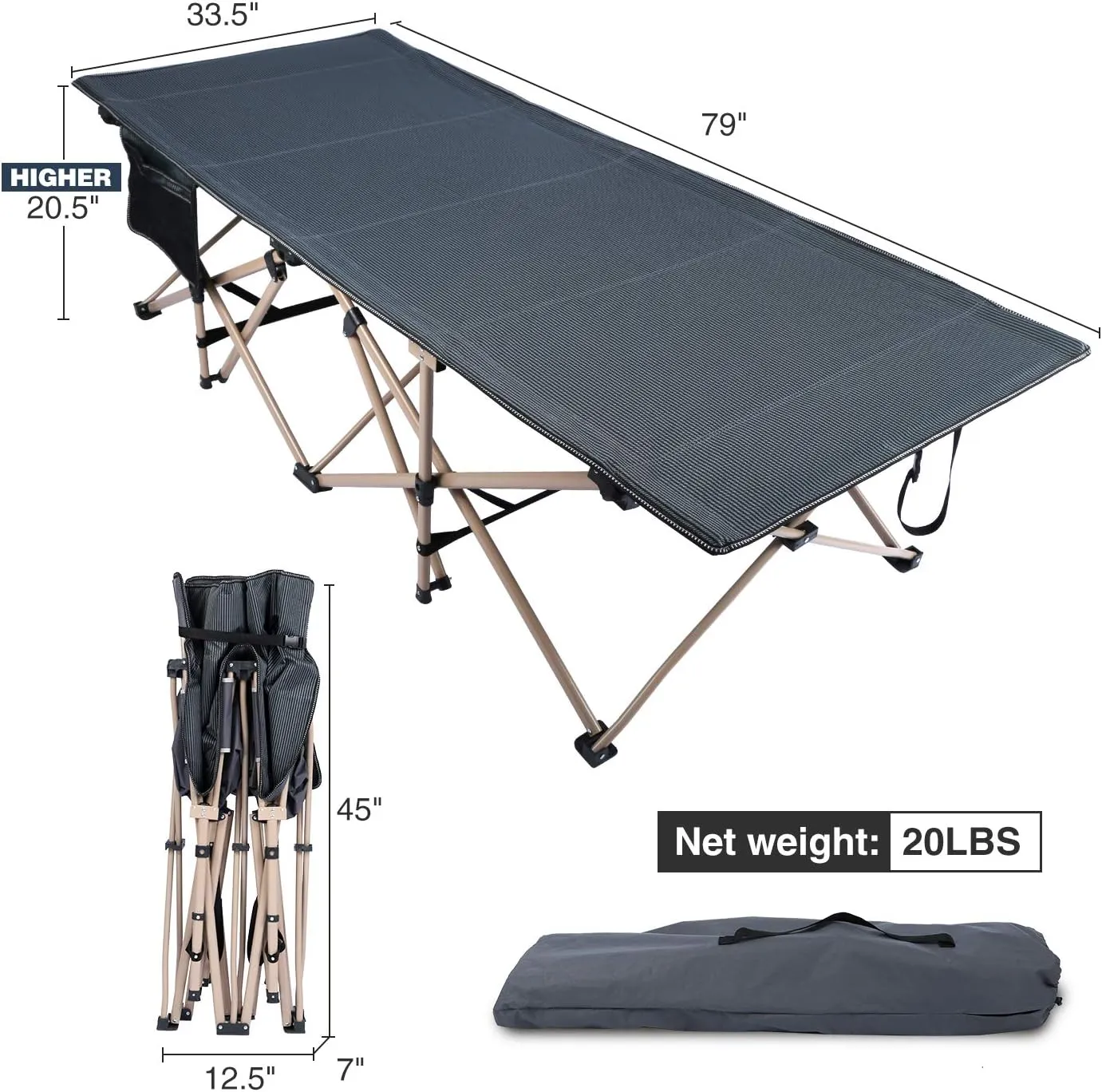 REDCAMP Oversized Camping Cots for Adults 500lbs, 33.5'' Extra Wide Tall Sleeping Cots Heavy Duty, XL Cots Portable for Outdoor Indoor Office, Dark Grey