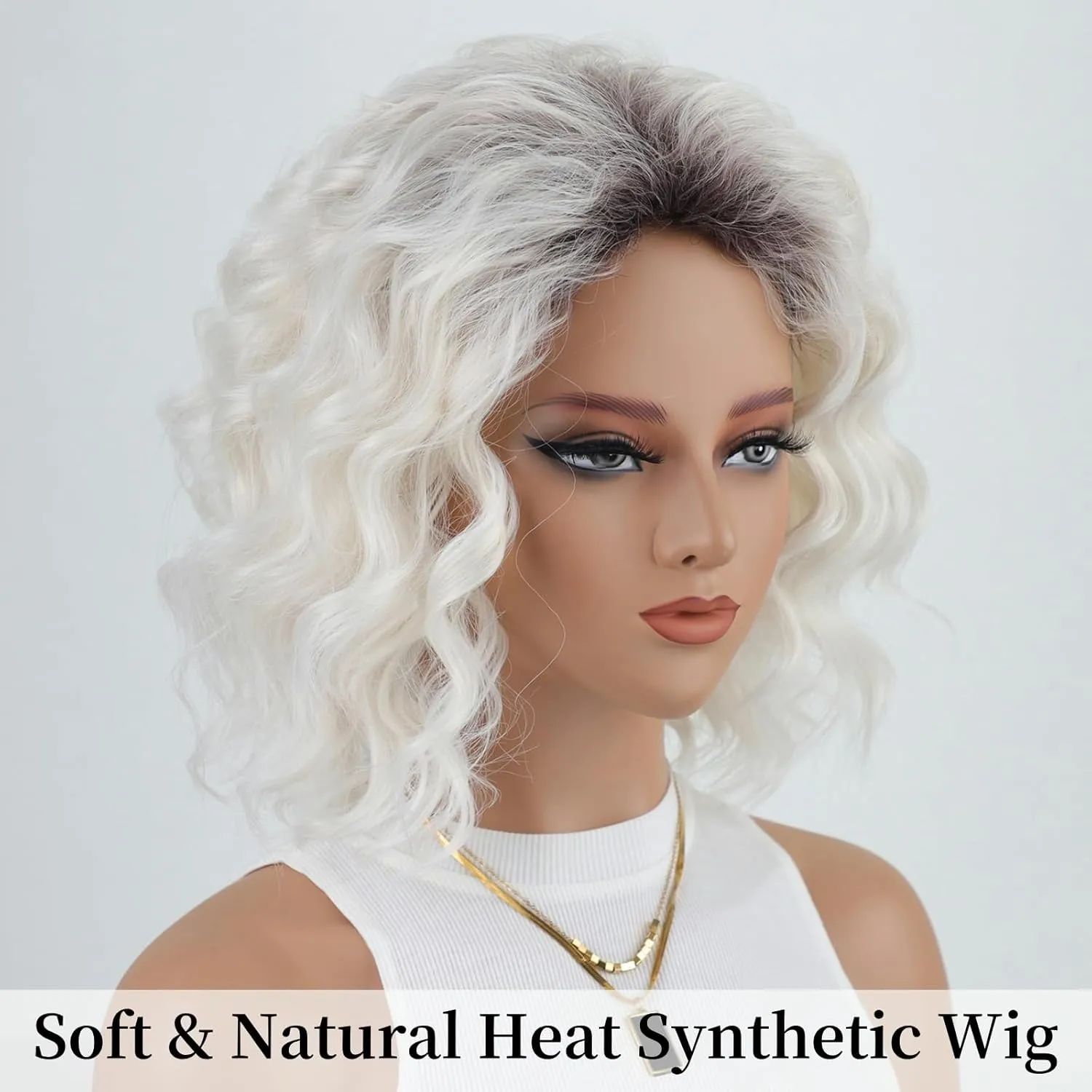 RENERSHOW Mid-length Layered Ombre Platinum Blonde Wavy Bob Wigs for White Women 12inch Short Wave Curly Synthetic Wig Side Part Average Size Daily Party Wig
