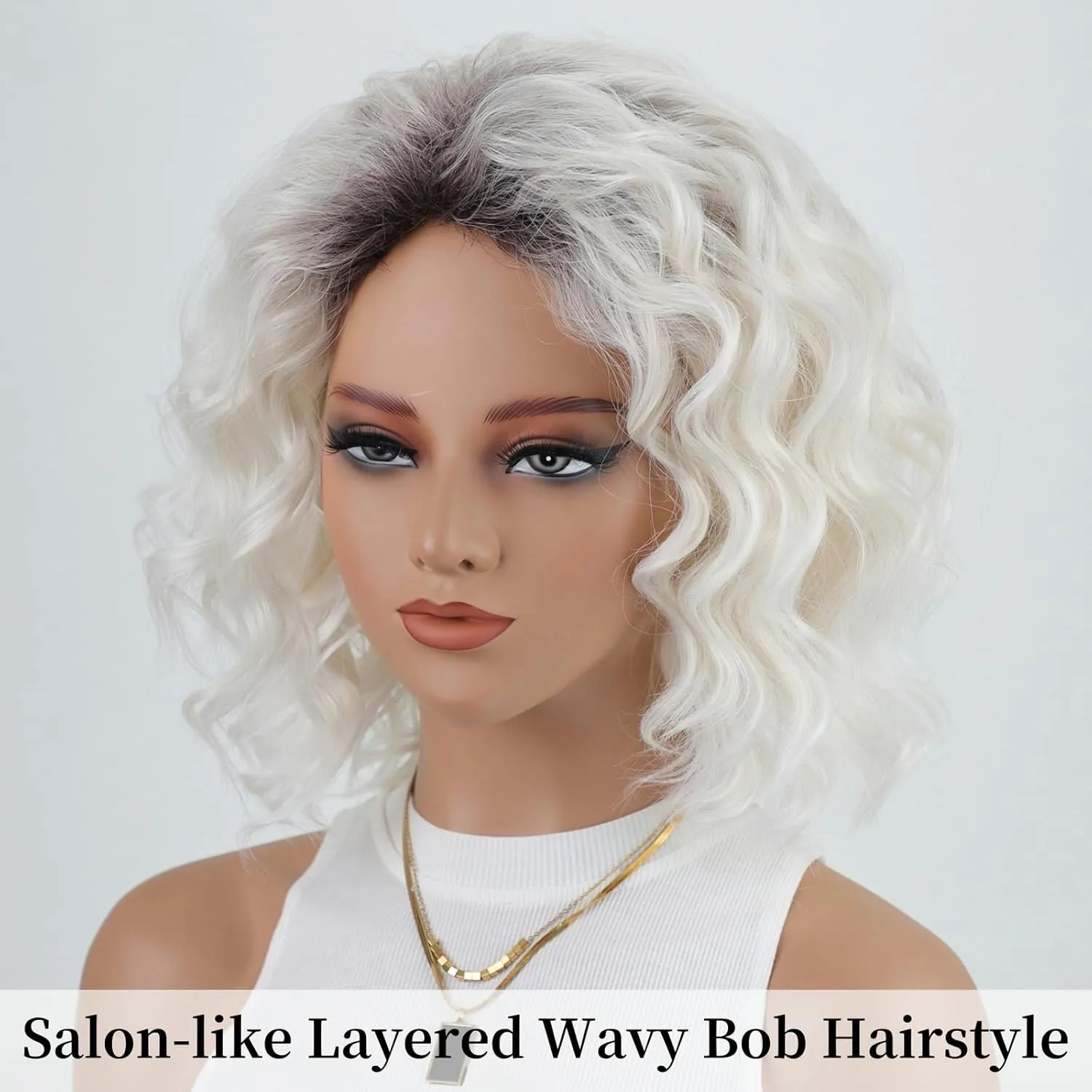 RENERSHOW Mid-length Layered Ombre Platinum Blonde Wavy Bob Wigs for White Women 12inch Short Wave Curly Synthetic Wig Side Part Average Size Daily Party Wig
