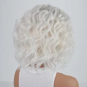 RENERSHOW Mid-length Layered Ombre Platinum Blonde Wavy Bob Wigs for White Women 12inch Short Wave Curly Synthetic Wig Side Part Average Size Daily Party Wig