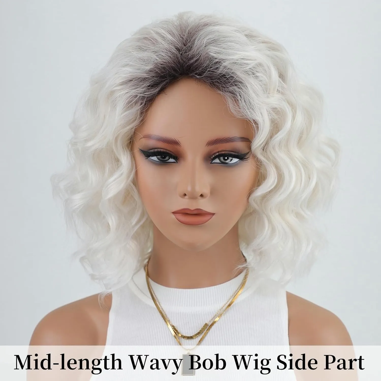 RENERSHOW Mid-length Layered Ombre Platinum Blonde Wavy Bob Wigs for White Women 12inch Short Wave Curly Synthetic Wig Side Part Average Size Daily Party Wig