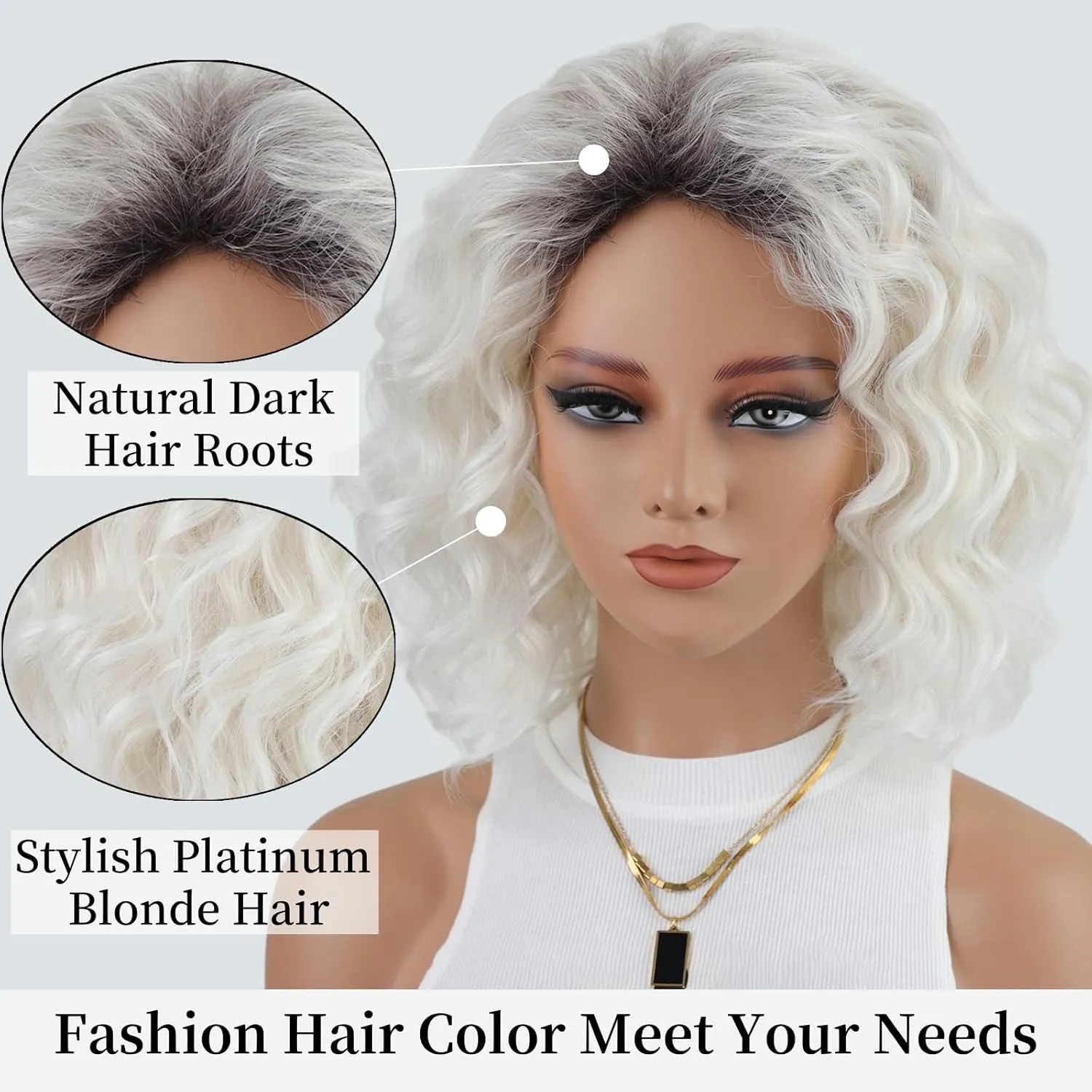 RENERSHOW Mid-length Layered Ombre Platinum Blonde Wavy Bob Wigs for White Women 12inch Short Wave Curly Synthetic Wig Side Part Average Size Daily Party Wig