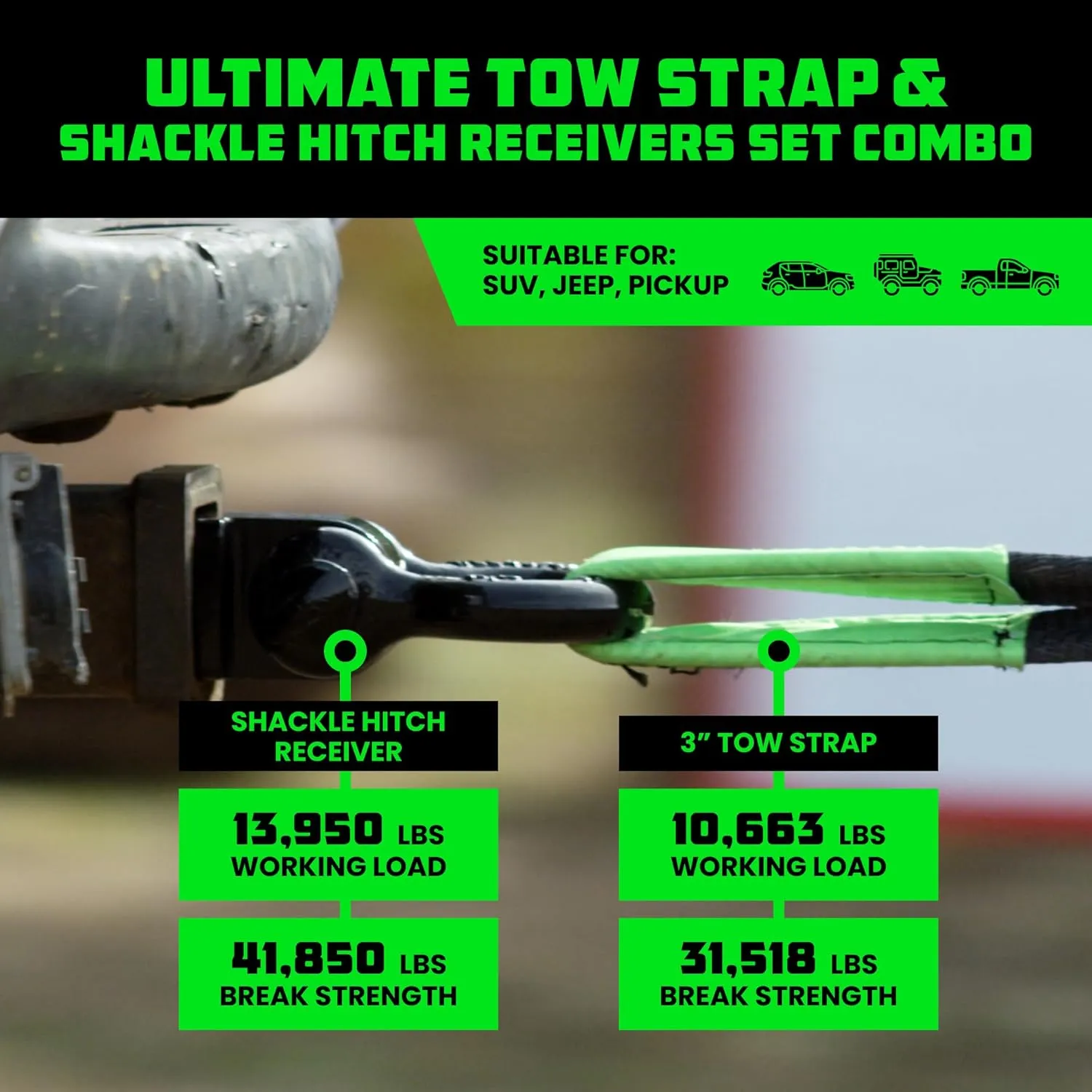 Rhino USA Heavy-Duty Recovery Gear Combos Off-Road Truck Vehicle Recovery, Best Offroad Towing Accessories (30' Strap   Shackle Hitch)