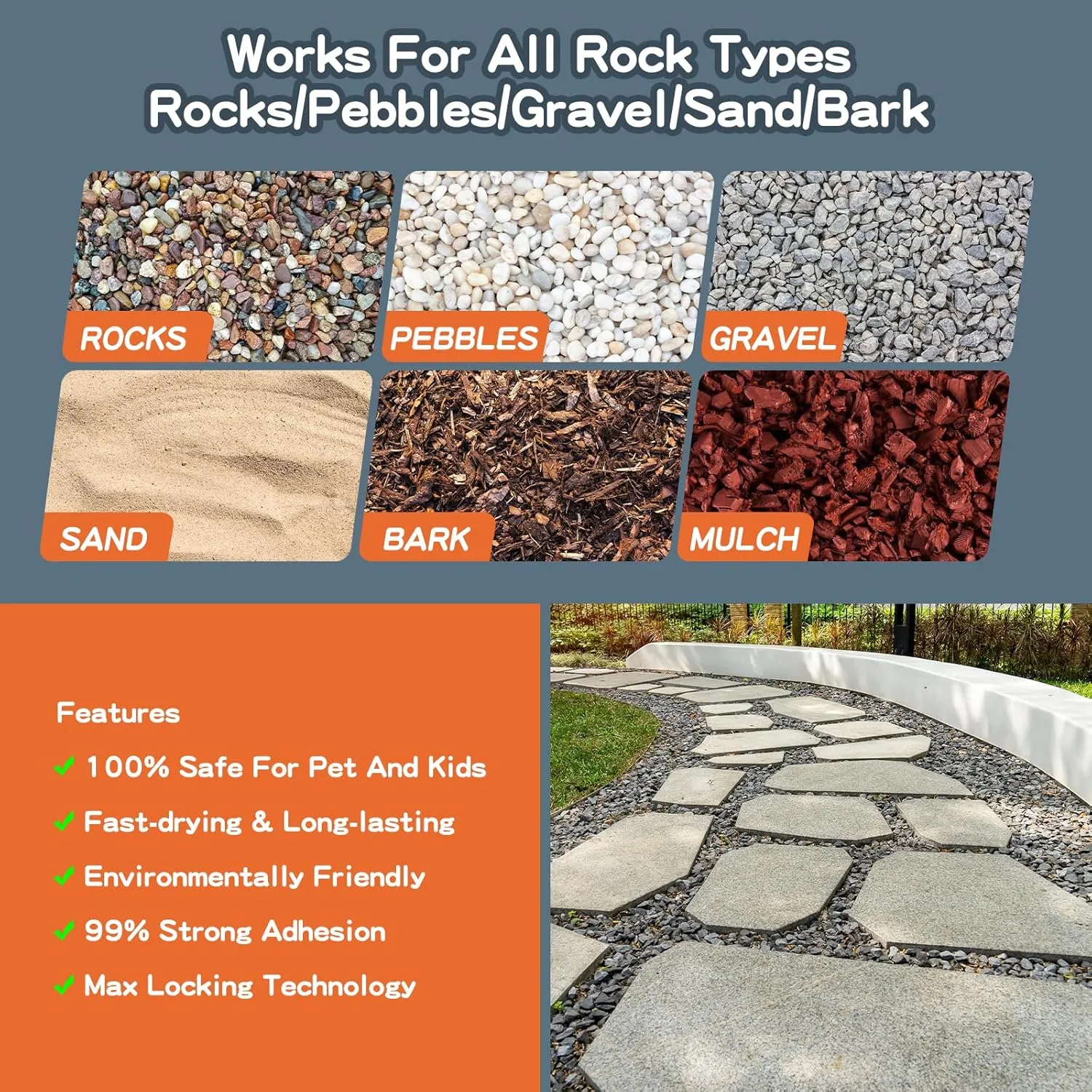 Rock Glue, 2Gallon Mulch Glue for Landscaping, Fast-Dry Strong Pea Gravel Stabilizer Landscape, Non-Toxic Long-Lasting Dries-Clear Strong Pea Gravel Binder for Pebble, Pine Straw for Outdoor Gardens