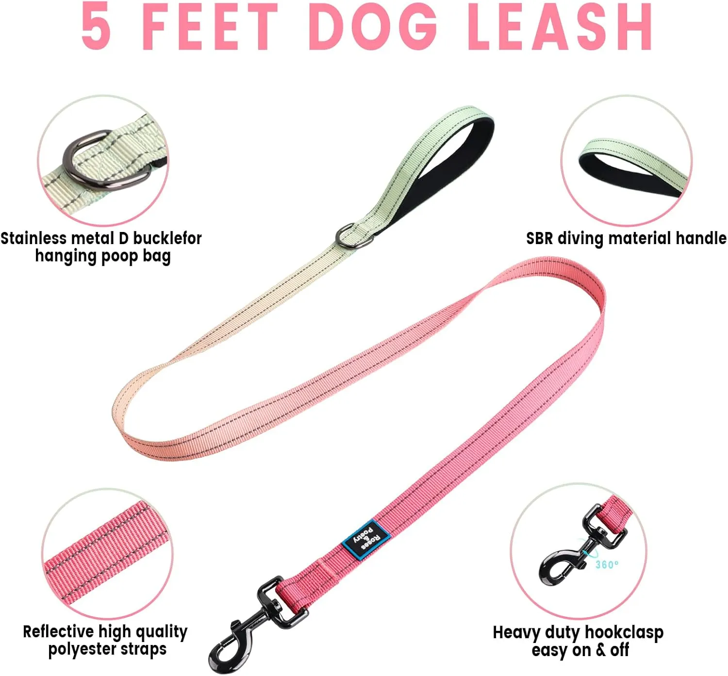 Roses&Poetry Puppy Dog Harness and Leash Set, No Pull Dog Harness Adjustable Reflective, Dog Halter Harnesses Comfort Padded Handle, Pet Harness for Training Outdoor Walking（Pink-M