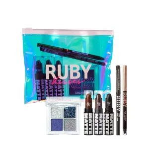 Ruby Kisses Limited Edition Bold Makeup Kit – 3 Mattest Matte Lipsticks, Glitter Gem Palette, Waterproof Eyeliner, Auto Lip Liner & Holographic Pouch