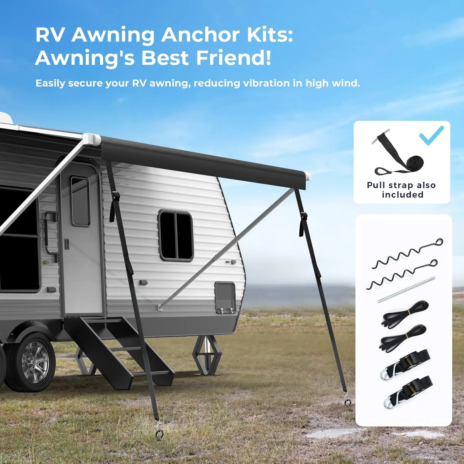 RV Awning Fabric Replacement - 18.5oz Heavy Duty Vinyl With Tie Down Kits, 7 Hooks & Pull Strap for Trailer Camper - 18' (Fabric 17'2"), Black Gray Fade