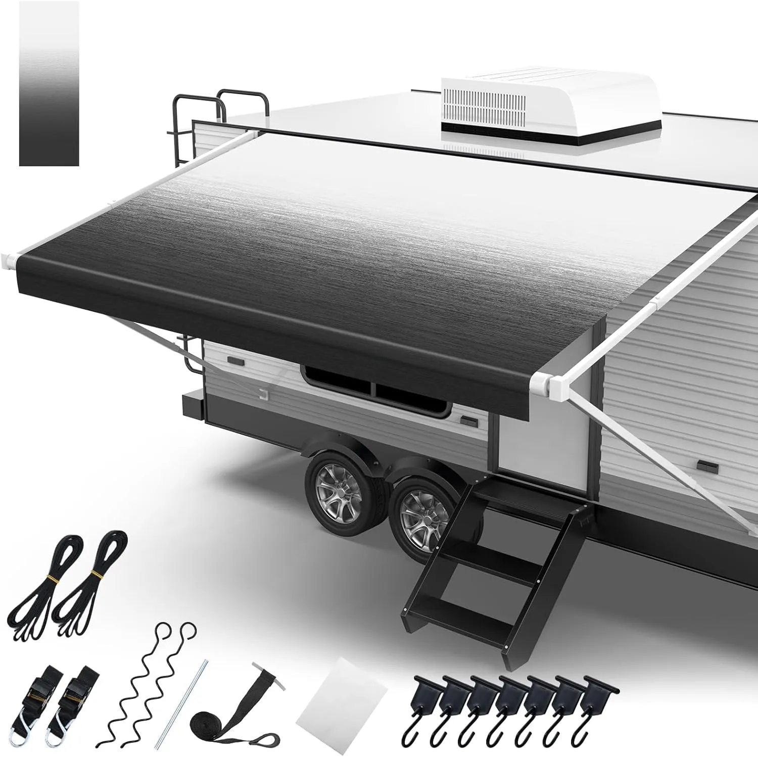 RV Awning Fabric Replacement - 18.5oz Heavy Duty Vinyl With Tie Down Kits, 7 Hooks & Pull Strap for Trailer Camper - 18' (Fabric 17'2"), Black Gray Fade