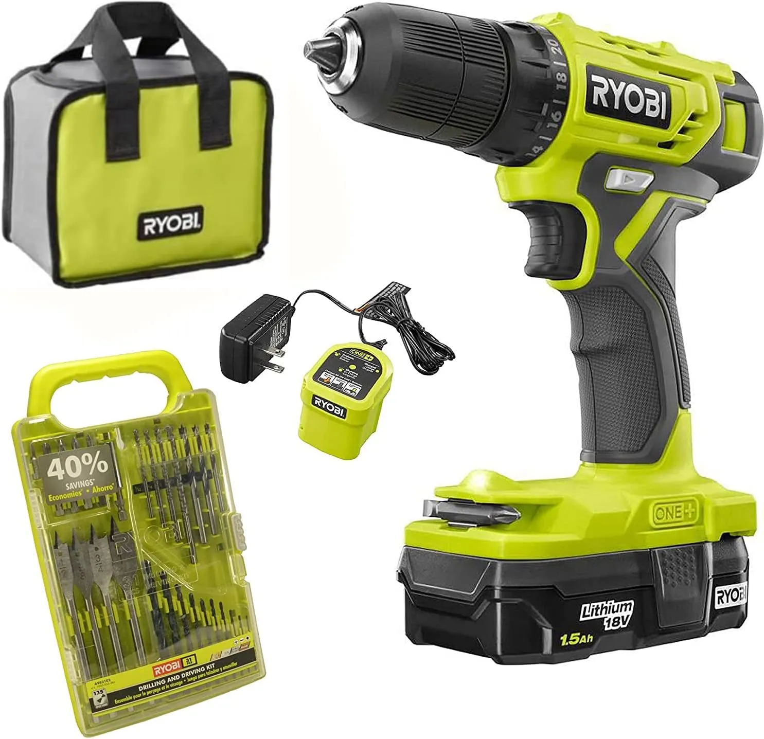 Ryobi 18V ONE  3/8 in. Drill Driver Kit Bundle Set with BONUS Bits, and Tool Bag